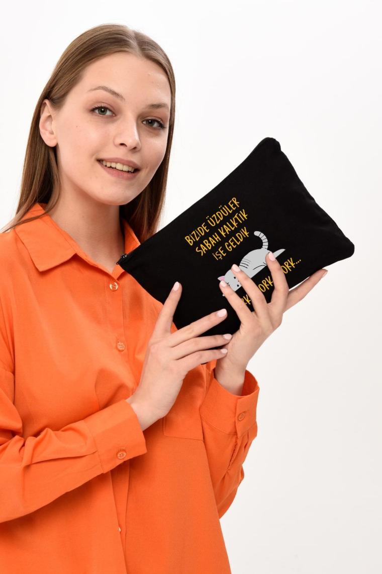 Çınar Bez Çanta Clutch Work Baskılı Siyah Kanvas Makyaj Çantası