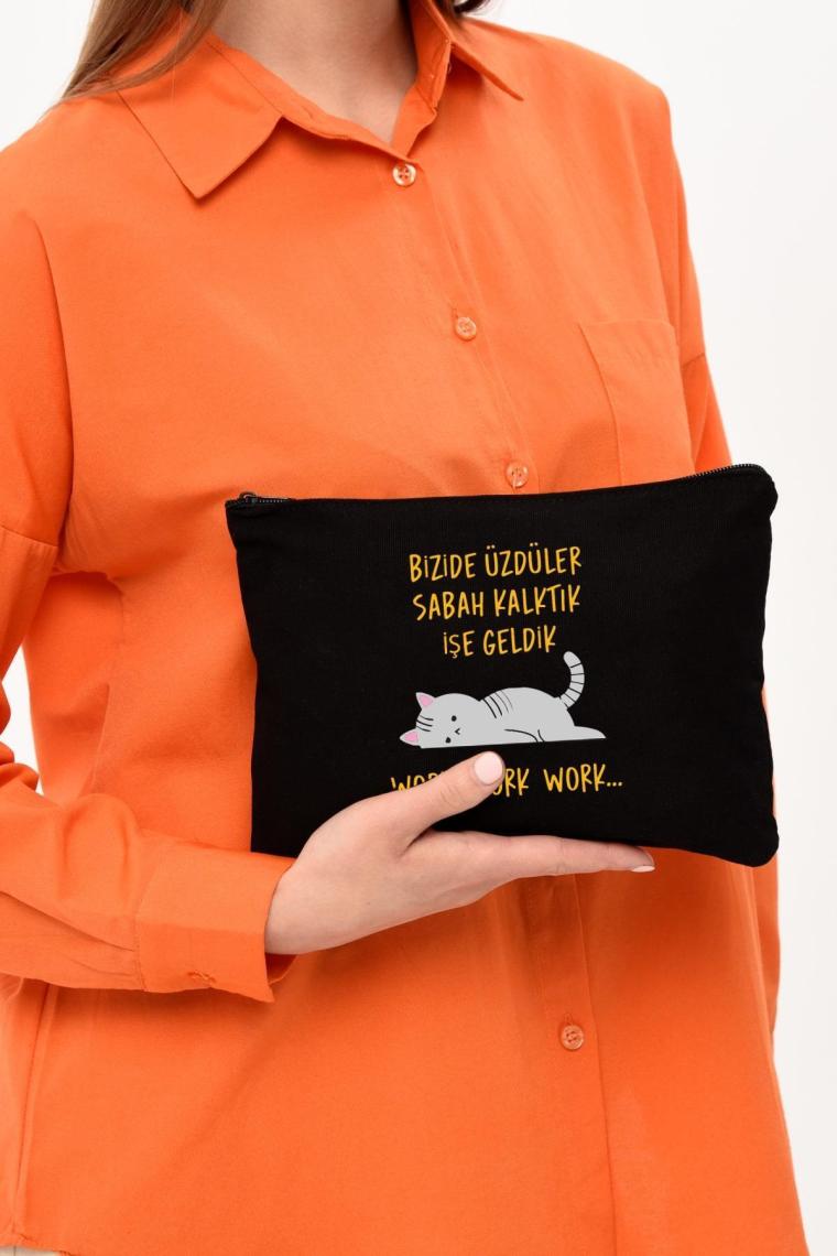 Çınar Bez Çanta Clutch Work Baskılı Siyah Kanvas Makyaj Çantası