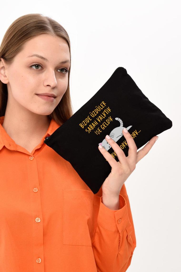 Çınar Bez Çanta Clutch Work Baskılı Siyah Kanvas Makyaj Çantası