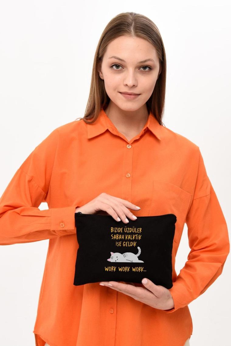 Çınar Bez Çanta Clutch Work Baskılı Siyah Kanvas Makyaj Çantası