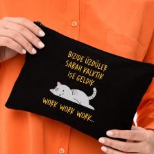 Çınar Bez Çanta Clutch Work Baskılı Siyah Kanvas Makyaj Çantası