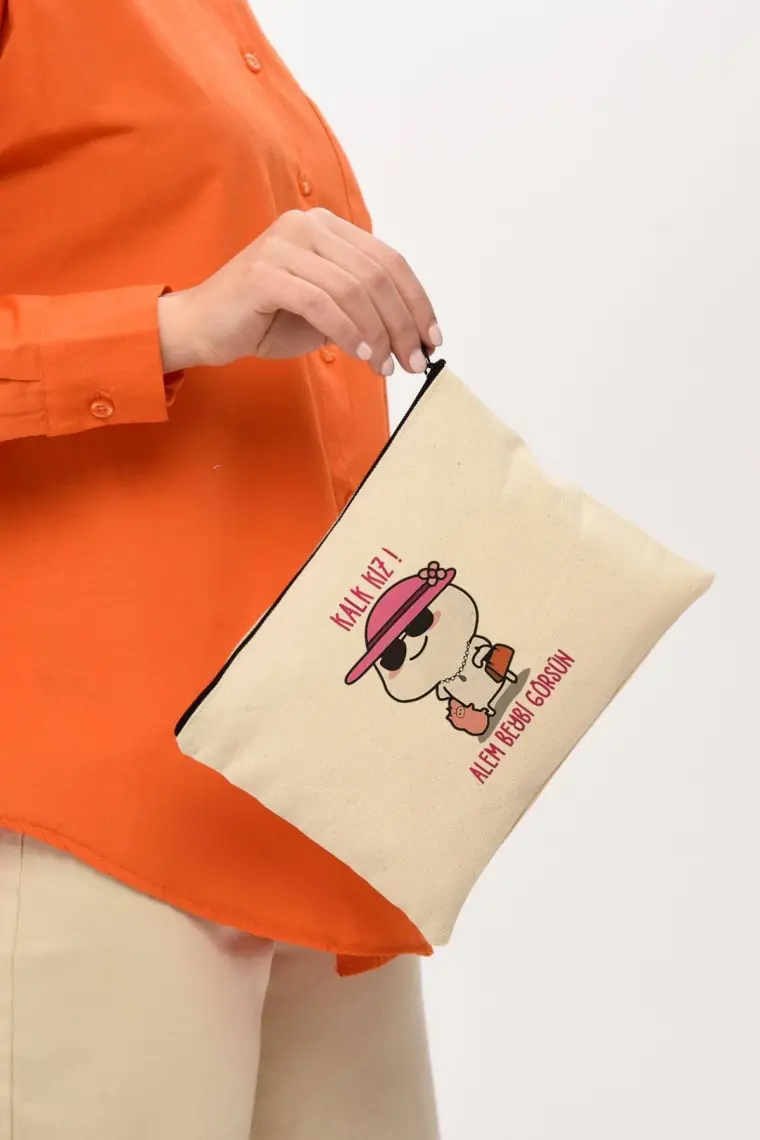 Çınar Bez Çanta Clutch Beybi Baskılı Kanvas Makyaj Çantası
