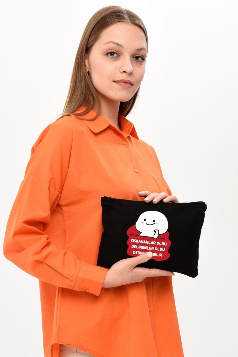 Çınar Bez Çanta Clutch Olabilir Baskılı Siyah Kanvas Makyaj Çantası