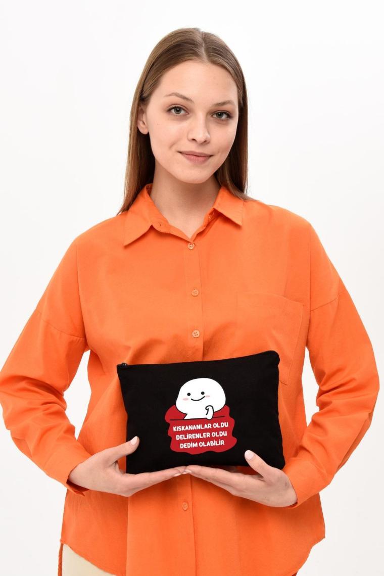 Çınar Bez Çanta Clutch Olabilir Baskılı Siyah Kanvas Makyaj Çantası