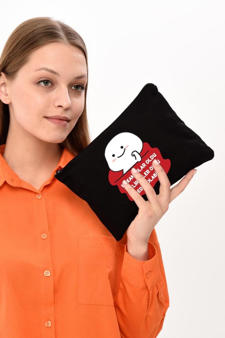 Çınar Bez Çanta Clutch Olabilir Baskılı Siyah Kanvas Makyaj Çantası