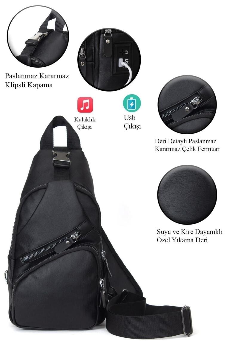 Newish Polo Siyah Yıkama Deri Usb Şarj Portlu Çapraz Omuz Çantası