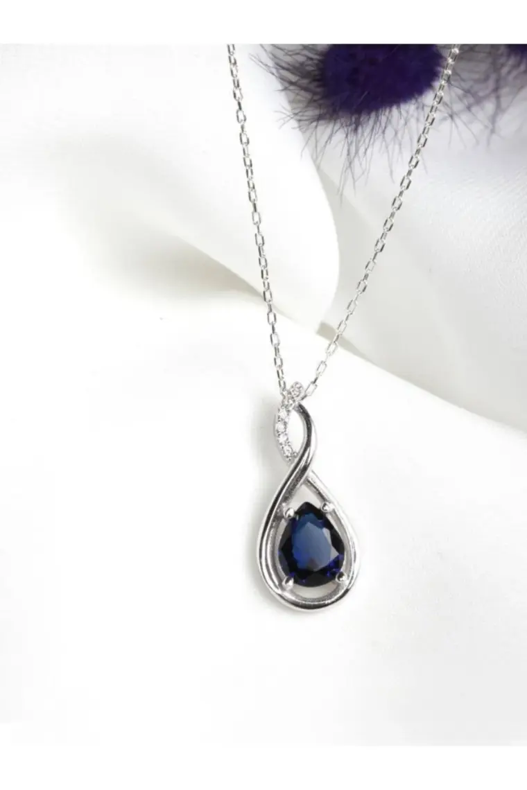 Gümüş Su Damlası Pırlanta Model Safir Zirkon Taşlı Gümüş Kolye