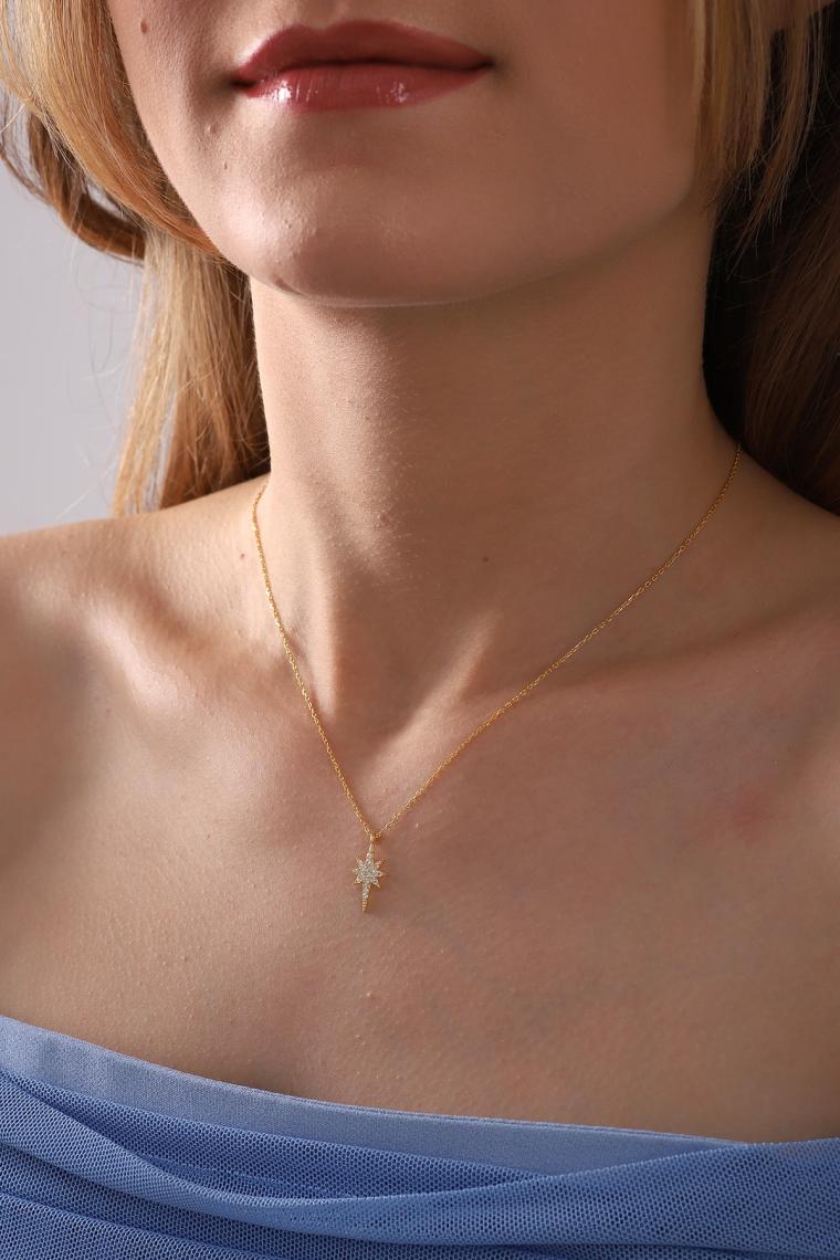 Ashak Accessories Kadın Kuzey Kutup Yıldızı 925 Ayar Gümüş Zincirli Swarovski Taşlı Model Kolye