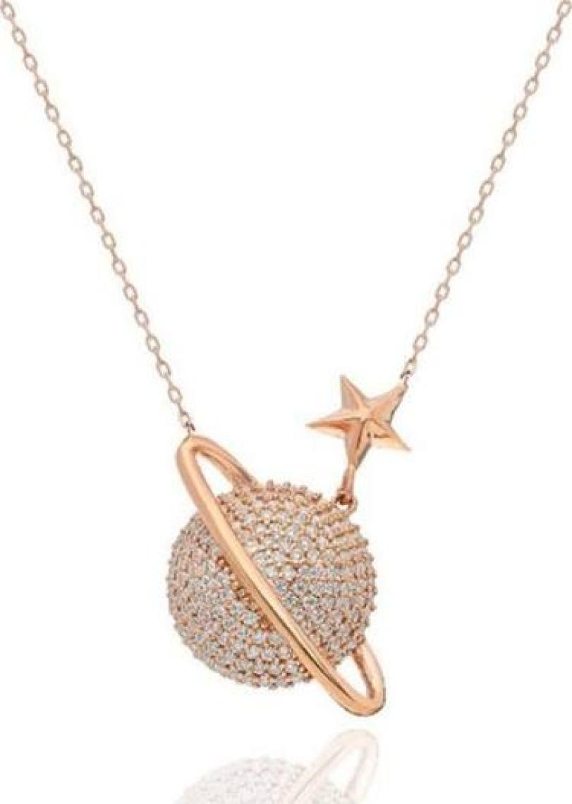 Bilsen Store 925 Ayar Gümüş Zincirli Rose Kaplama Zirkon Taşlı Gezegen Modeli Kolye