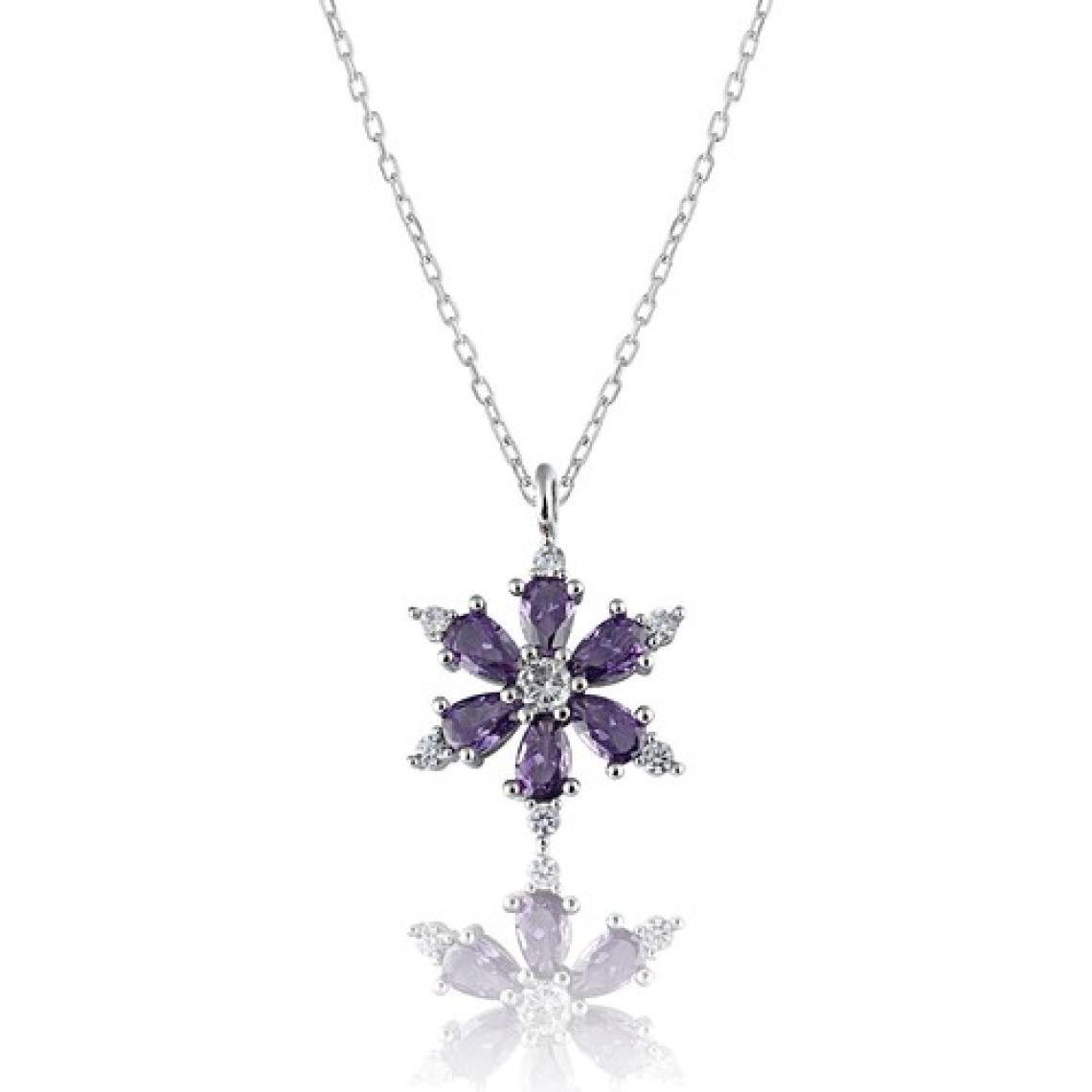 Zanaat Silver 925 Ayar Gümüş Zincirli Ametist Taşlı Rodyum Kaplama Lotus Kamelya Çiçeği Kolye