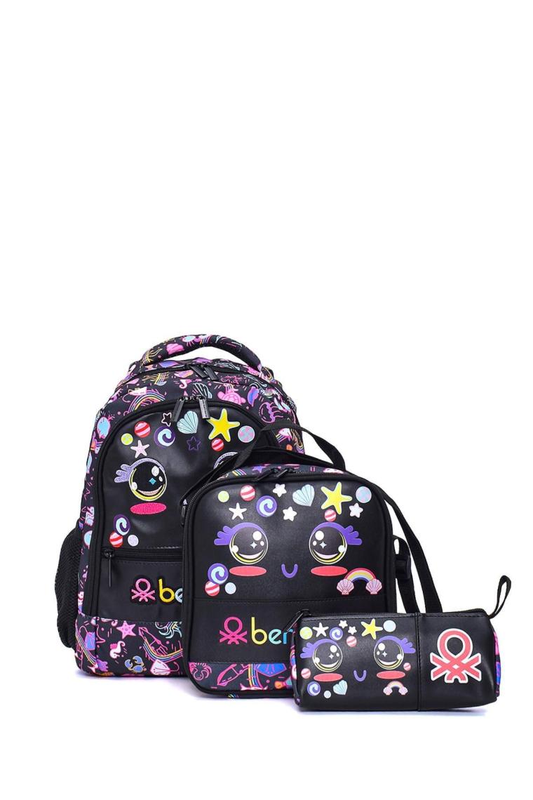United Colors Of Benetton BNT036868890 Siyah Kız Çocuk Okul Çantası & Beslenme & Çift Bölmeli Kalemlik 3 Lü Set