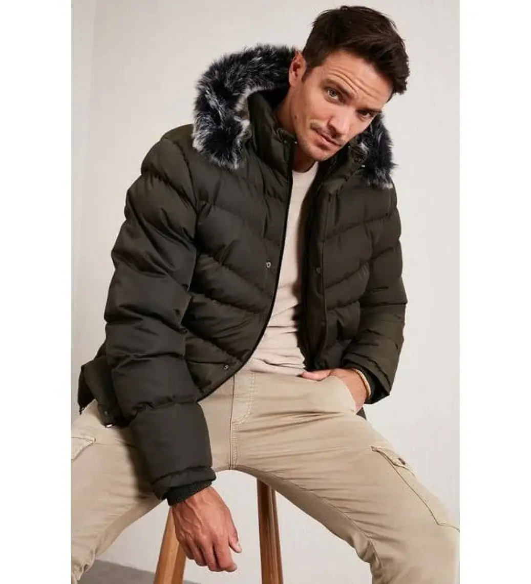 Buratti Slim Fit Suni Kürklü Peluş Astarlı Çıkarılabilir Kapüşonlu Şişme Erkek MONT 5761080 B