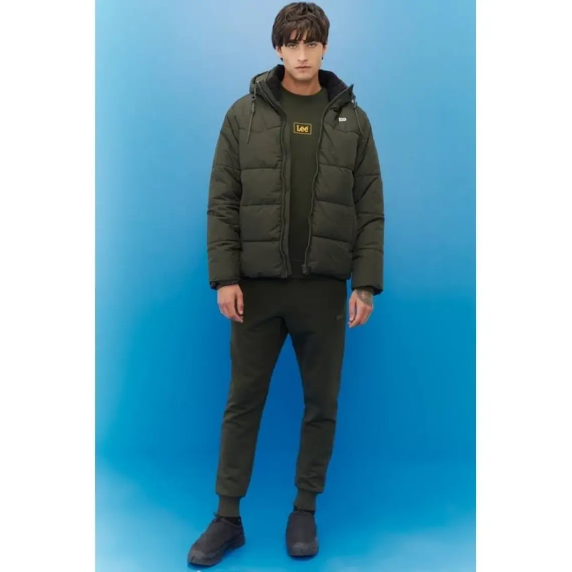 Lee Regular Fit Normal Kesim Kapüşonlu Haki Şişme Mont
