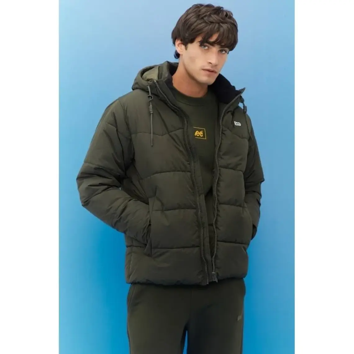 Lee Regular Fit Normal Kesim Kapüşonlu Haki Şişme Mont