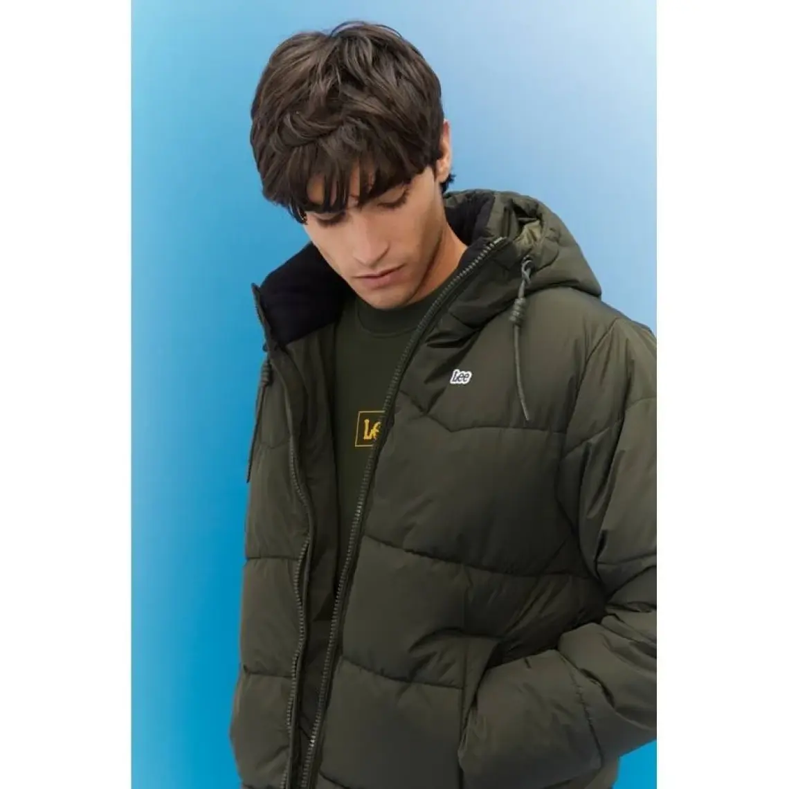 Lee Regular Fit Normal Kesim Kapüşonlu Haki Şişme Mont