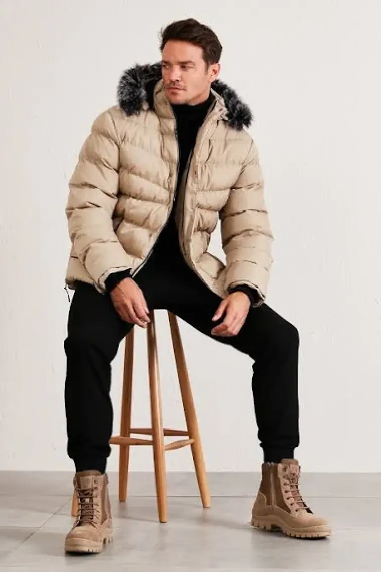 Buratti Slim Fit Suni Kürklü Peluş Astarlı Çıkarılabilir Kapüşonlu Şişme Erkek MONT 5761080 B