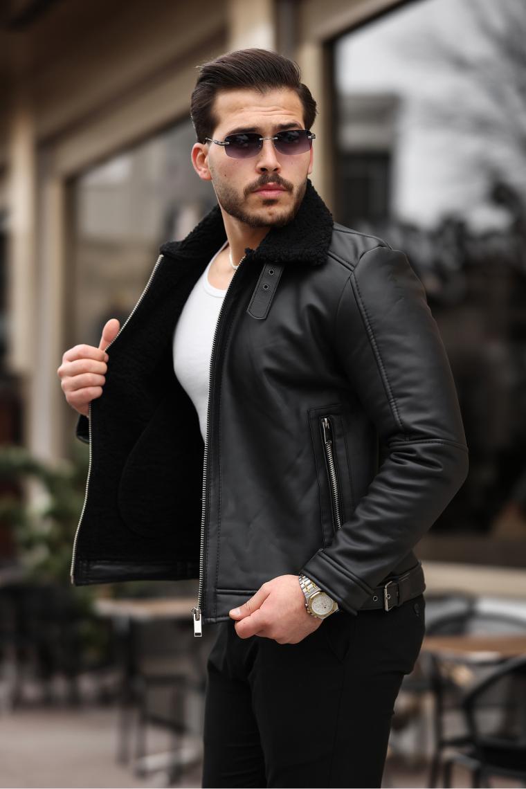 Mero Life Erkek Napa Deri Çapraz Fermuarlı Içi Full Kürklü Yüksek Kalite Slim Fit Siyah Mont & Ceket