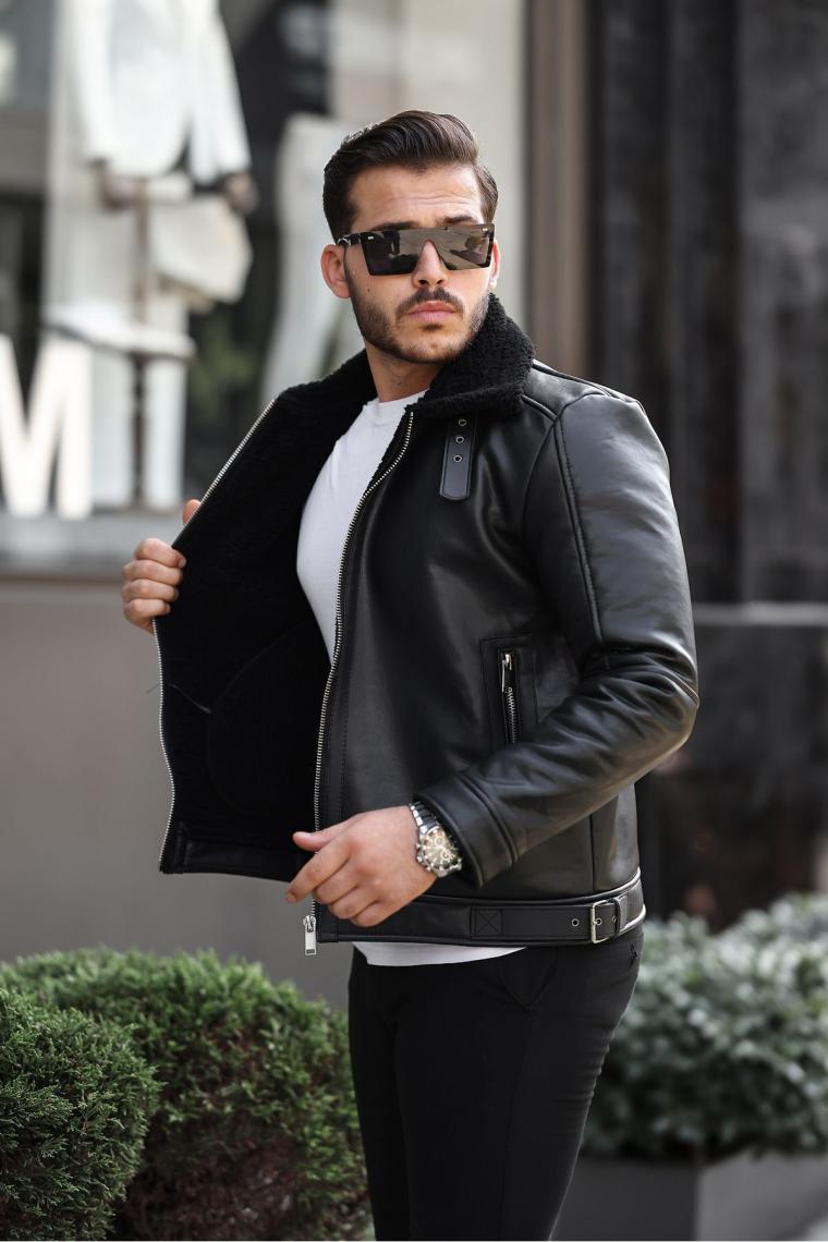 Mero Life Erkek Napa Deri Çapraz Fermuarlı Içi Full Kürklü Yüksek Kalite Slim Fit Siyah Mont & Ceket