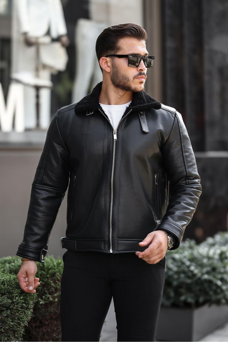Mero Life Erkek Napa Deri Çapraz Fermuarlı Içi Full Kürklü Yüksek Kalite Slim Fit Siyah Mont & Ceket