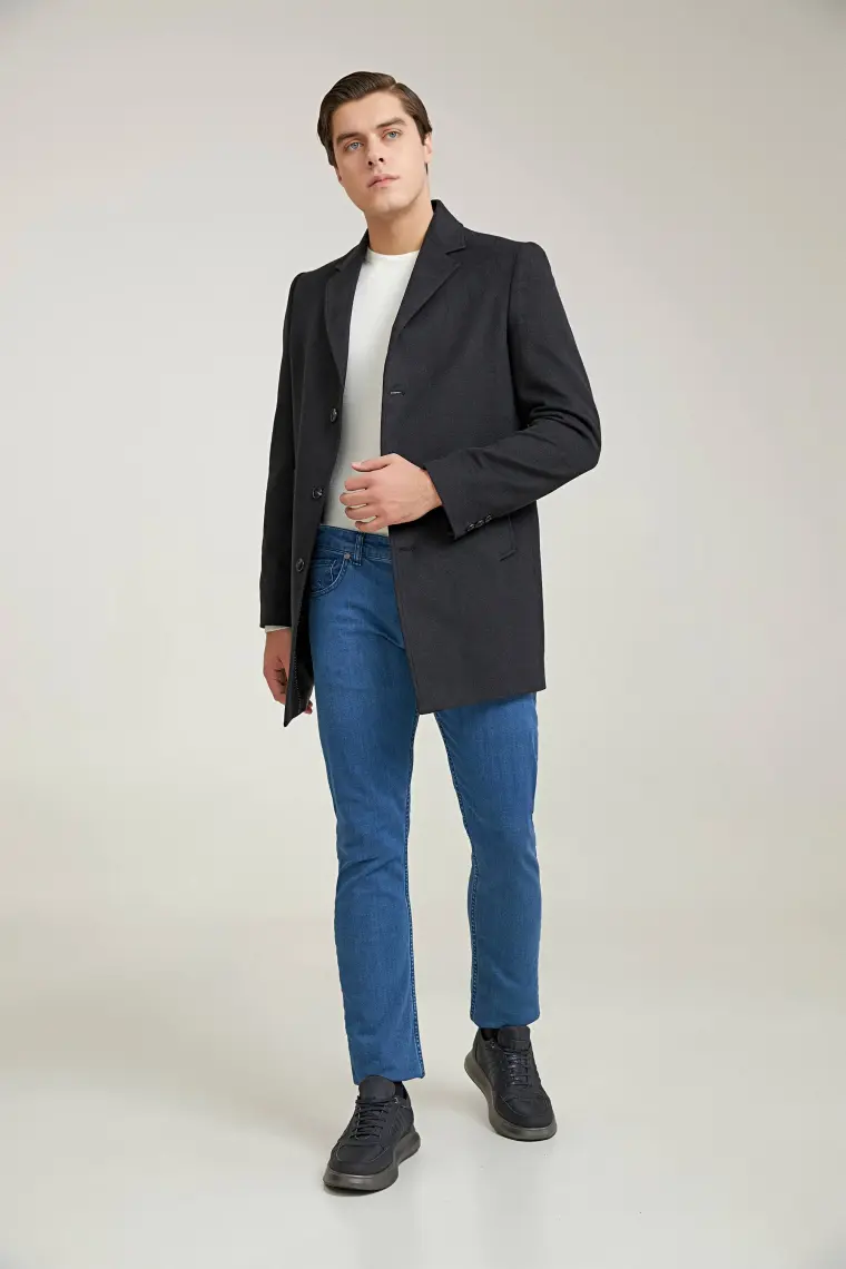 Regular Fit Siyah Mono Yaka Kaşe Kaban 5HF08ORT10000