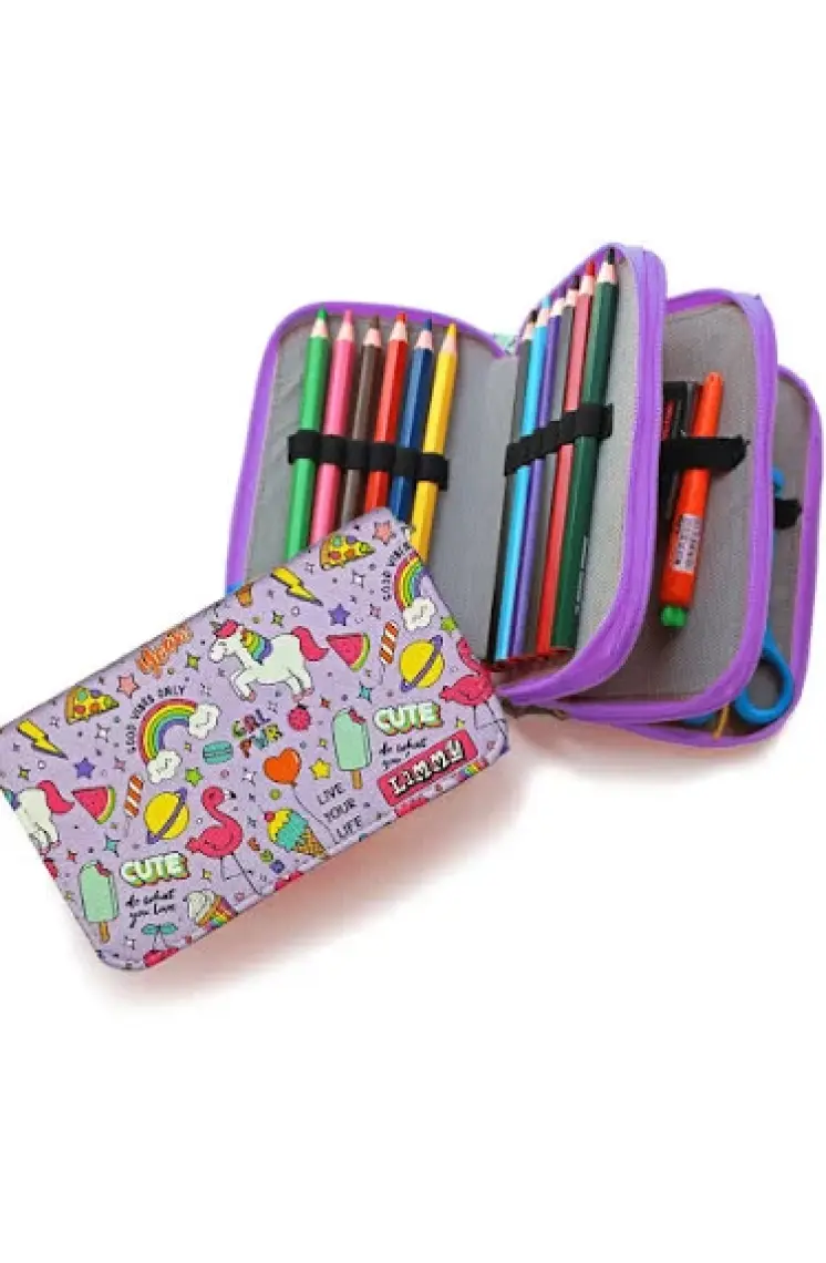 Limmy Unicorn Flamingo Kawai Organizer Üç Bölmeli Kalemlik - Mor