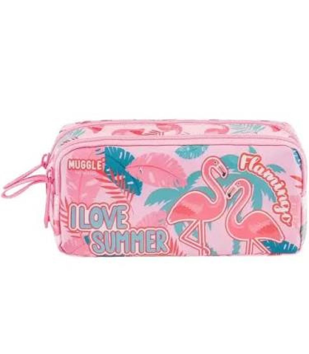 Muggle Flamingo Pembe 2 Gözlü Kalemlik Çantası (MU-7273)
