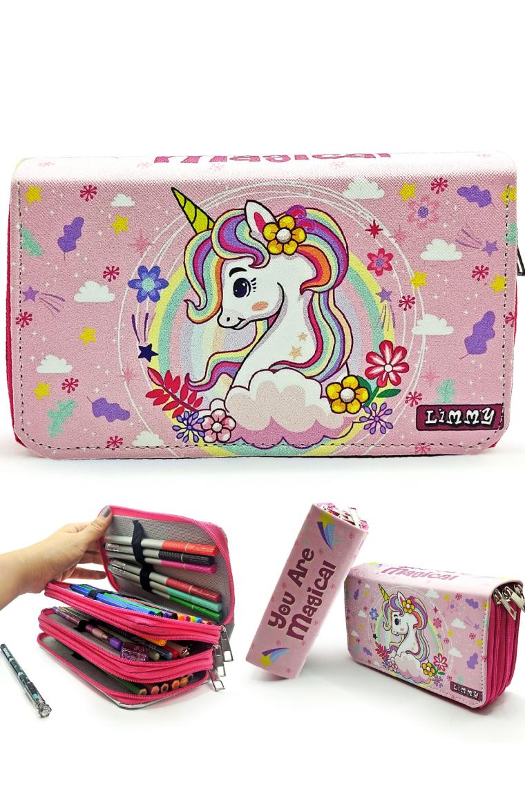 Limmy Kalem Kutusu Unicorn Bahar Temalı Kawai Organizer Kalemkutu Üç Bölmeli Kalemlik- Pembe