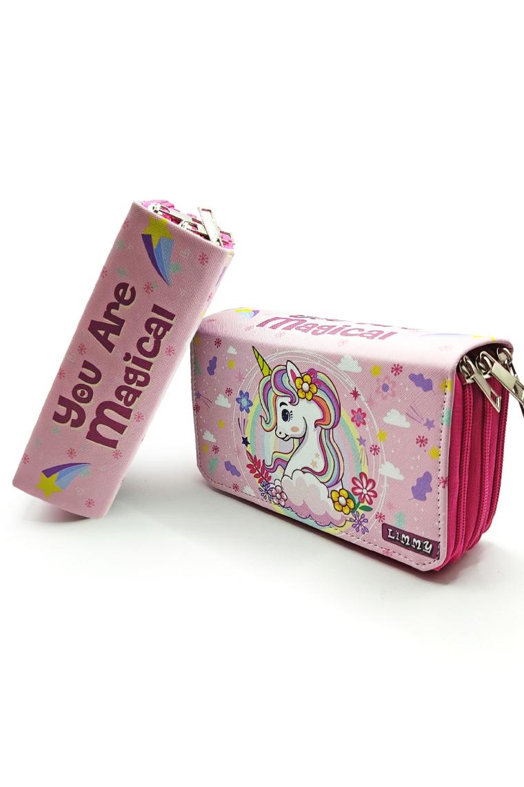 Limmy Kalem Kutusu Unicorn Bahar Temalı Kawai Organizer Kalemkutu Üç Bölmeli Kalemlik- Pembe