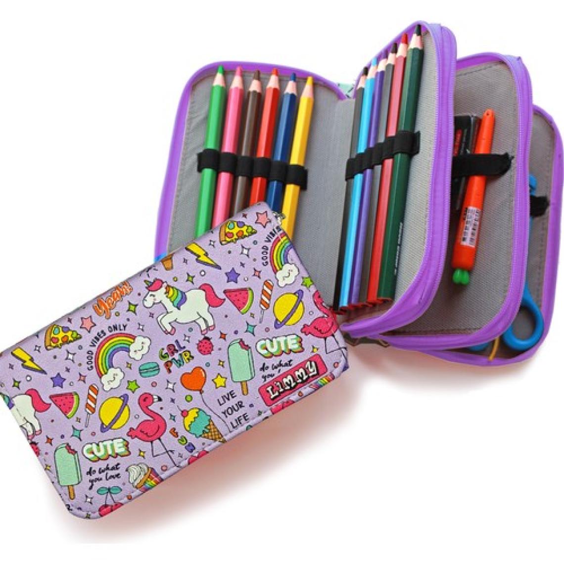 Limmy Unicorn Flamingo Kawai Organizer Üç Bölmeli Kalemlik - Mor