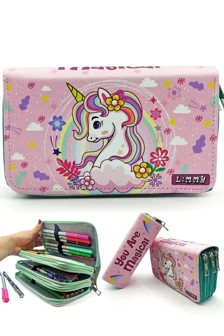 Limmy Kalem Kutusu Unicorn Bahar Temalı Kawai Organizer Kalemkutu Üç Bölmeli Kalemlik- Yeşil