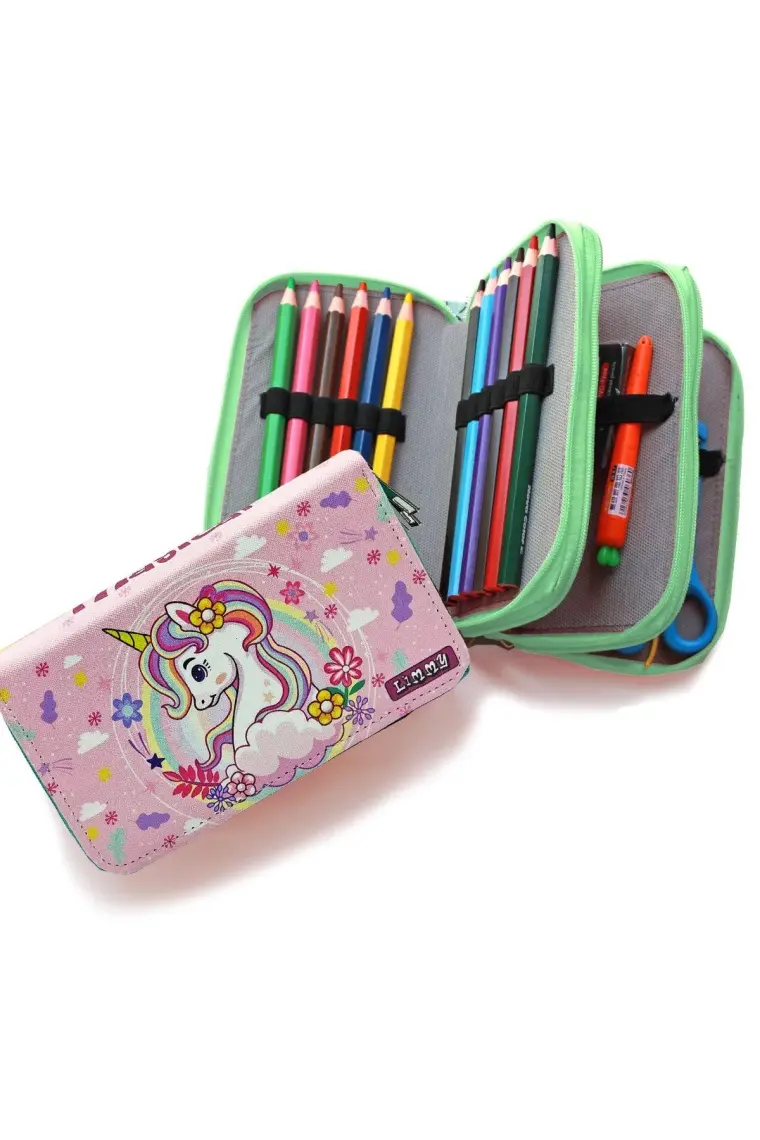 Limmy Kalem Kutusu Unicorn Bahar Temalı Kawai Organizer Kalemkutu Üç Bölmeli Kalemlik- Yeşil