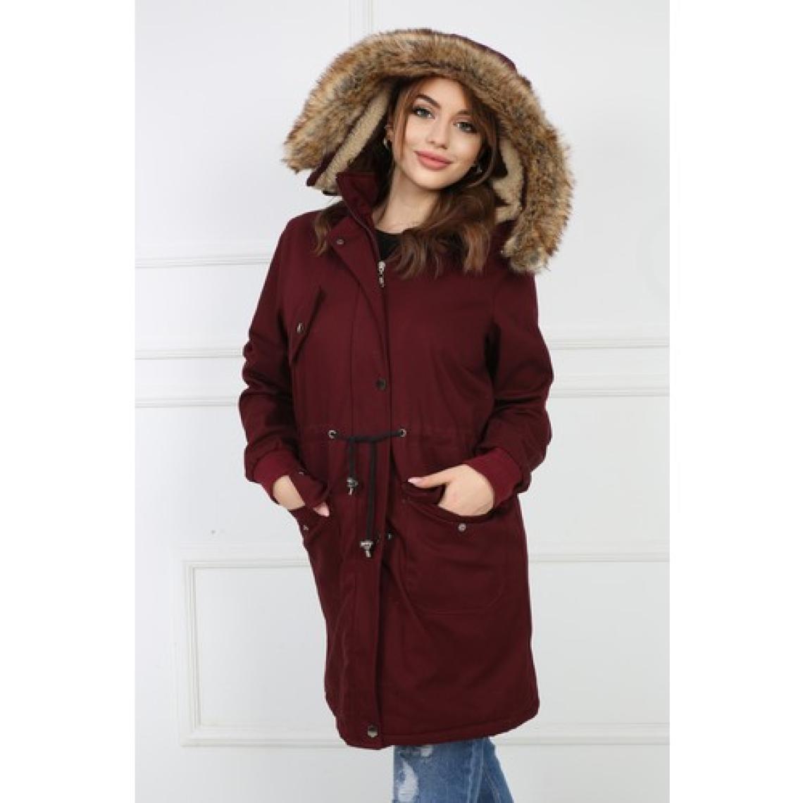 Passion Bordo Kadın Peluşu Çıkarılabilir Gabardin Kumaş Kaban Mont