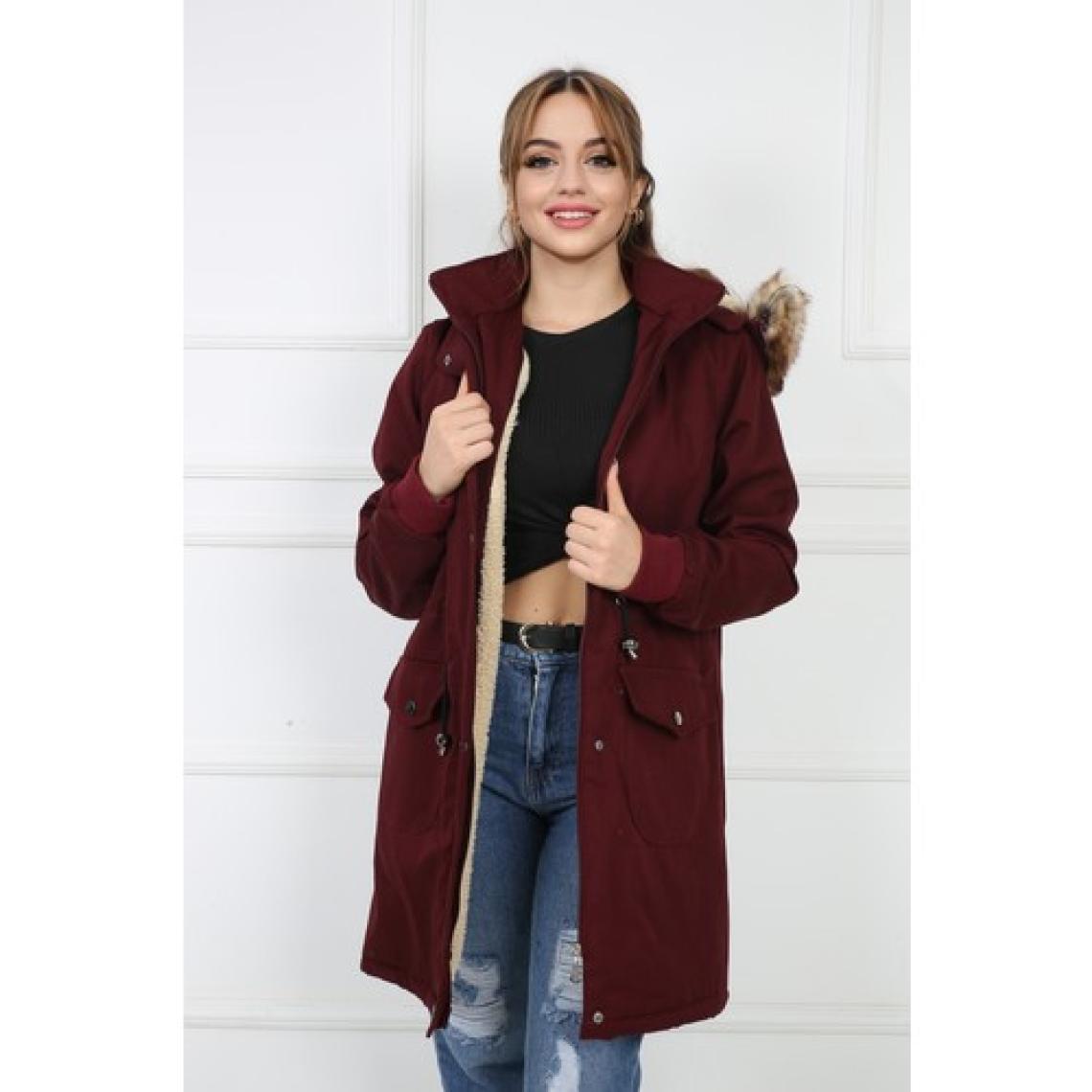 Passion Bordo Kadın Peluşu Çıkarılabilir Gabardin Kumaş Kaban Mont