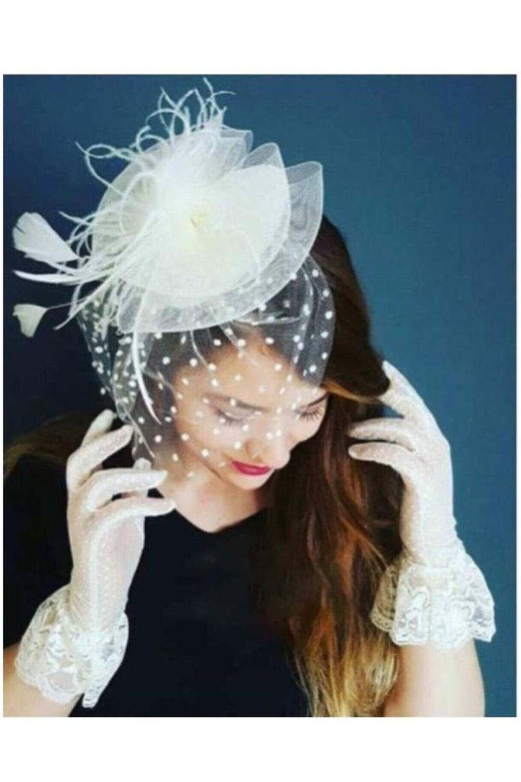 Hayalperest Boncuk Beyaz Puantiyeli Gelin Kepi Nikah Şapkası Vualet