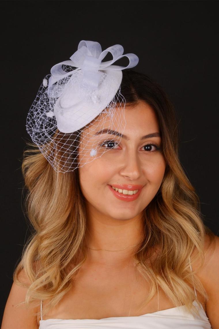 Hayalperest Boncuk Kırık Beyaz Vualet Nikah Şapkası Nico Tüllü Gelin Aksesuarı