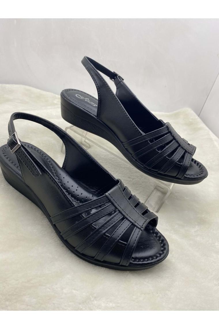 Çiğdem Kundura Deri Önü Kafesli Anne Dolgu Topuk Sandalet Siyah 38 ST02518-12704