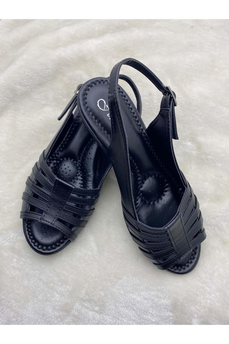 Çiğdem Kundura Deri Önü Kafesli Anne Dolgu Topuk Sandalet Siyah 38 ST02518-12704