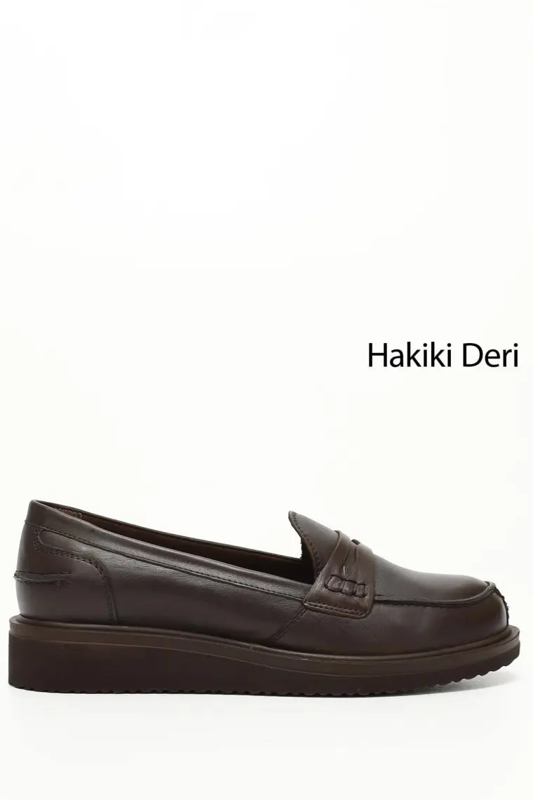 Gön Hakiki Deri Yuvarlak Burun Dolgu Taban Loafer Kadın Günlük Ayakkabı 24092