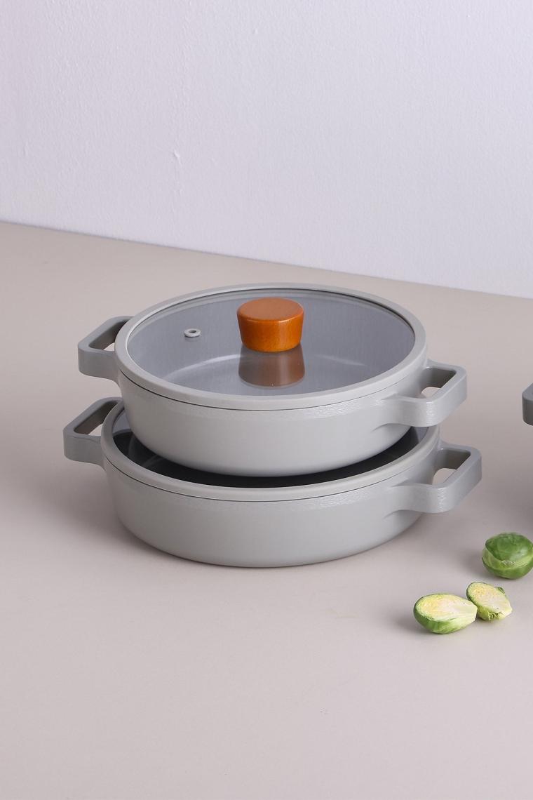 Neoflam Fika Cam Kapaklı Alüminyum Döküm 2'li Sahan Seti Gri 20-22 cm
