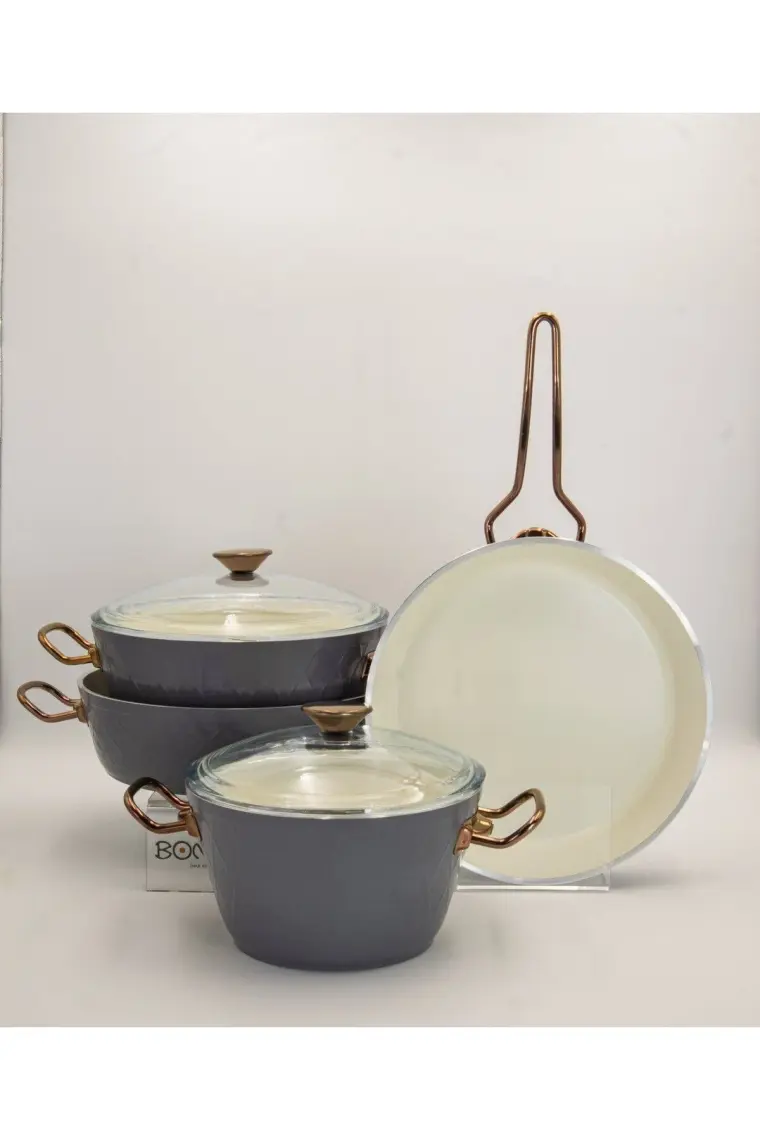Bonera Diana 7 Parça Keten Gri & Titanyum Rose Gold Kulp Tencere & Tava Setı