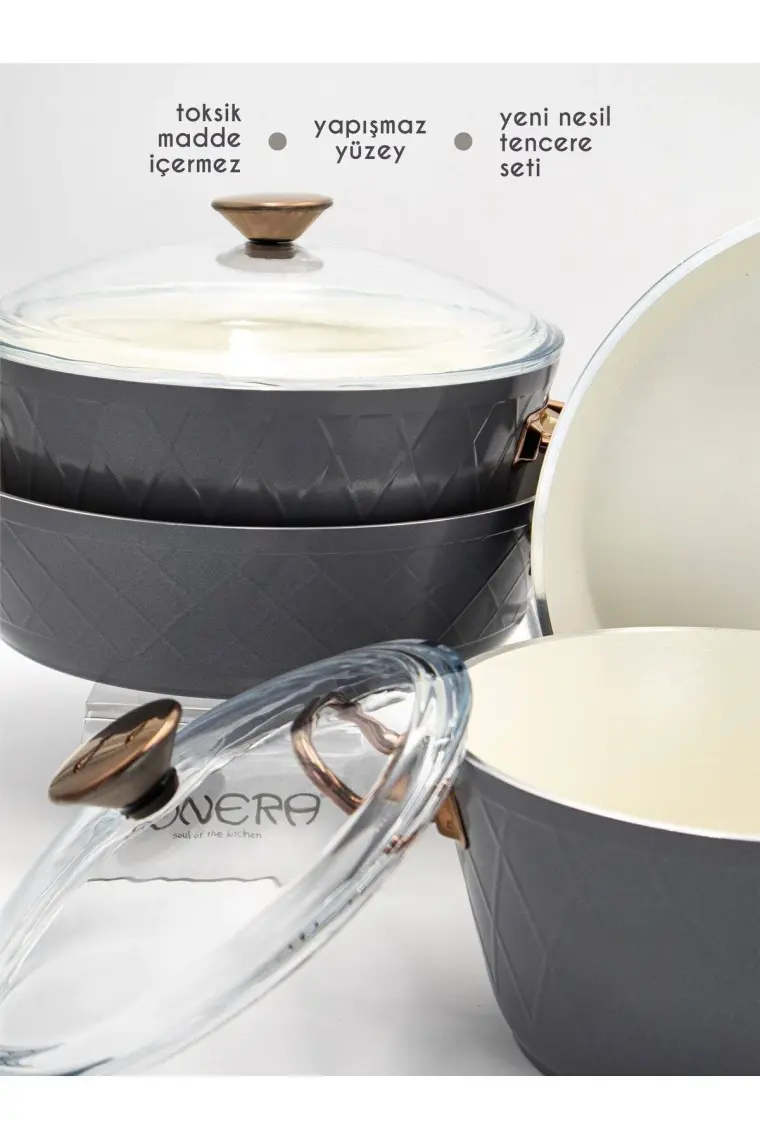 Bonera Diana 7 Parça Keten Gri & Titanyum Rose Gold Kulp Tencere & Tava Setı