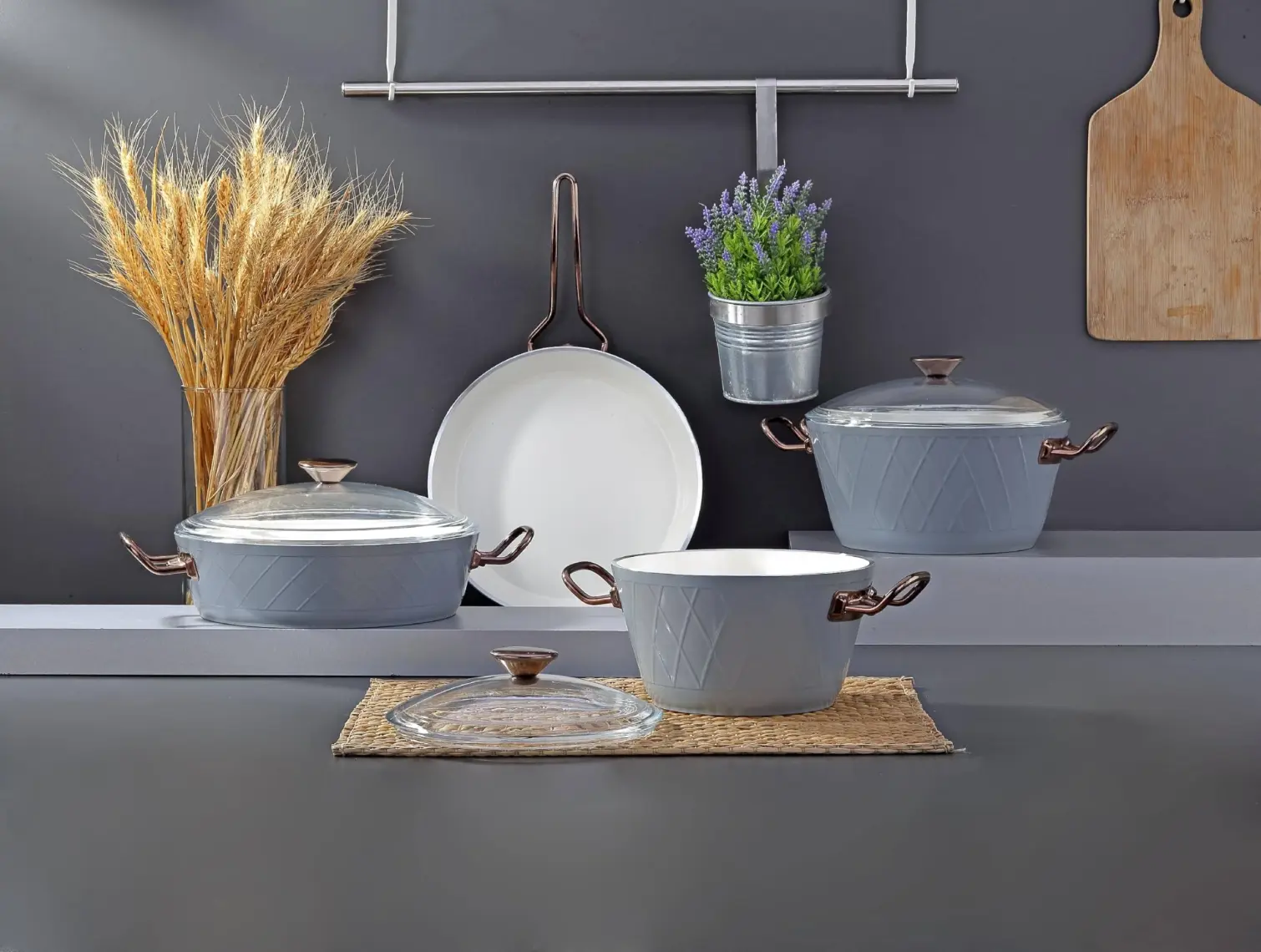 Bonera Diana 7 Parça Keten Gri & Titanyum Rose Gold Kulp Tencere & Tava Setı
