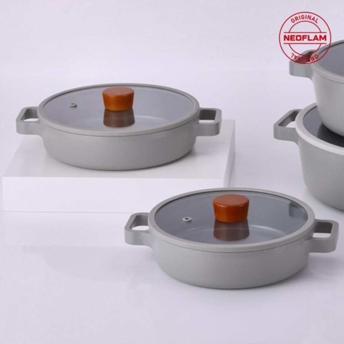 Neoflam Fika Cam Kapaklı Alüminyum Döküm 2'li Sahan Seti Gri 20-22 cm