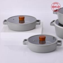 Neoflam Fika Cam Kapaklı Alüminyum Döküm 2'li Sahan Seti Gri 20-22 cm