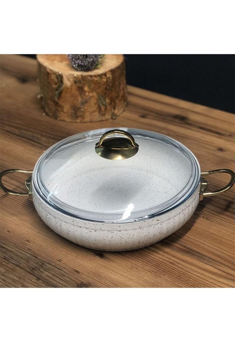Granit Desenli Basık Güveç Karnıyarık Tenceresi Altın Kulp 28 Cm Beyaz