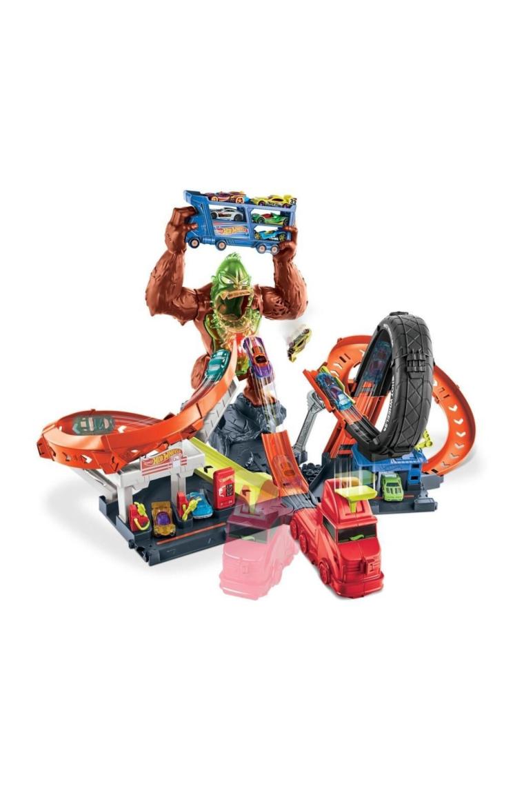 Hot Wheels Zehirli Goril Saldırısı Benzin İstasyonu ve Lastik Tamiri Dükkanı Oyunu Setleri, Fırlatıcılı, Işıklı ve Sesli, 1 Adet 1:64 Ölçekli Araba Dahil GTT94