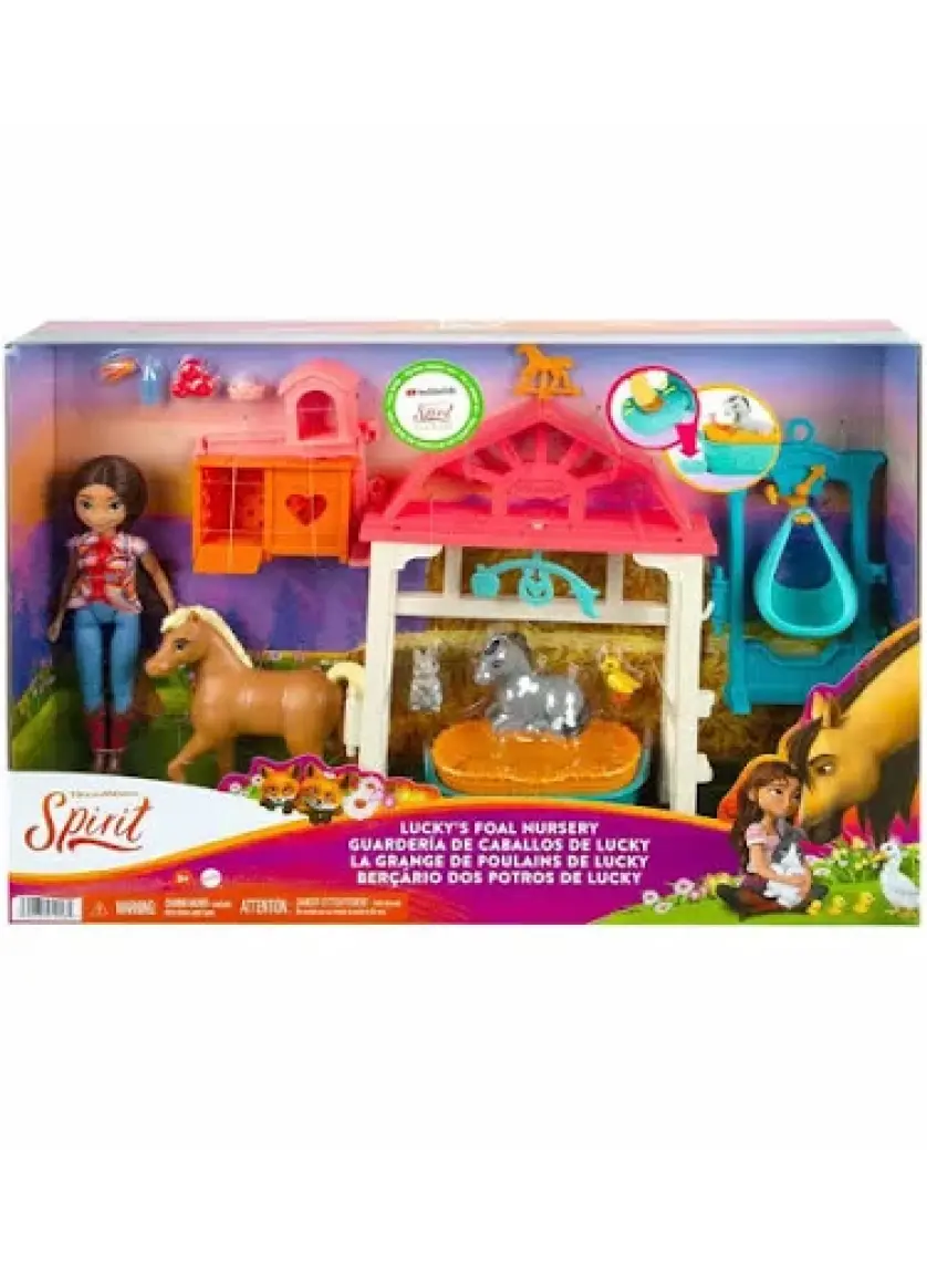 Spirit Özgür Ruh Lucky'nin Bakım Odası Oyun Seti, Lucky (17 cm), tartı, dönence, sallanan beşik, 4 hayvan figürü, besleme malzemeleri dahil, 3 yaş ve üzeri HCH37