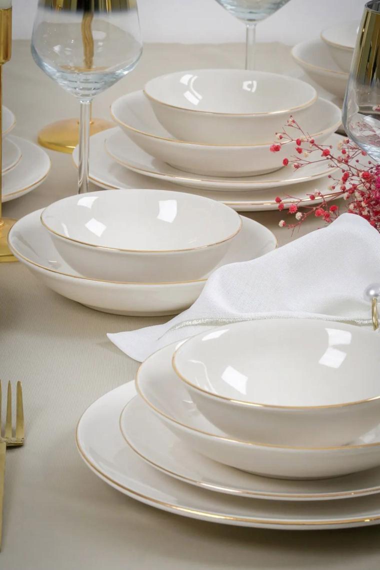 Hayal Altın Yaldız 24 Parça 6 Kişilik Porselen Yemek Takımı Kırık Beyaz