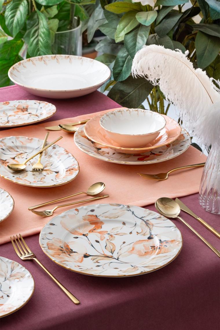 Mari Gold Pembe Çiçekli 6 Kişilik 29 Parça Porselen Yemek Takımı 12349
