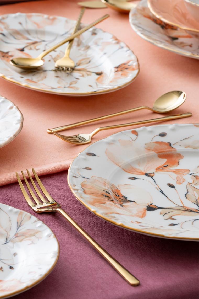 Mari Gold Pembe Çiçekli 6 Kişilik 29 Parça Porselen Yemek Takımı 12349